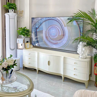 American Style Entry Luxury Solid Wood TV Cabinet Bedroom Villa Large Flat Layer Coffee Table Combination Modern Cream White French Style Audiovisual Cabinet
