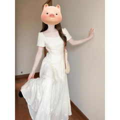 フレンチスタイルの優しいスクエアネック白大きいサイズドレス女性の夏の新しい気質ハイエンドホワイトムーンライトロングスカート