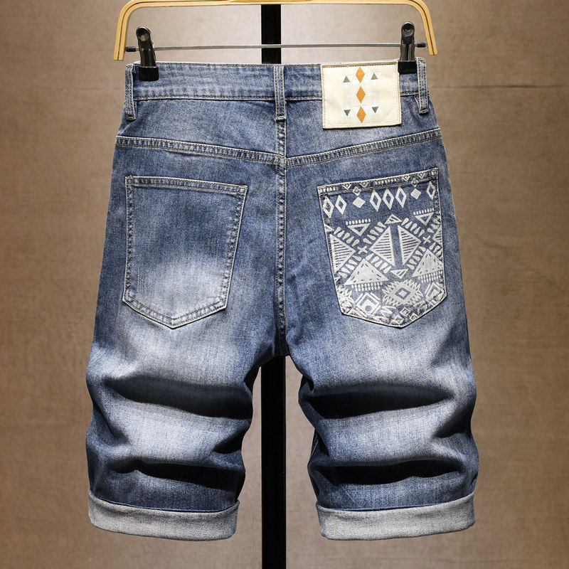 Men's Clothing Men's High End Light Luxury Printed Denim Shorts Style Slim Fit Summer Casual Pants Trendy Retro Five Point_mkmklike.com