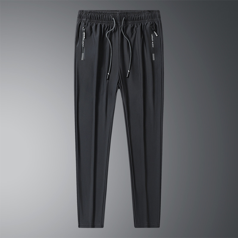 Pantalones de seda de hielo para hombres de verano delgados frescos elásticos rápidos secos deportivos ociosos rectos florecidos cremallera pantalones largos de moda