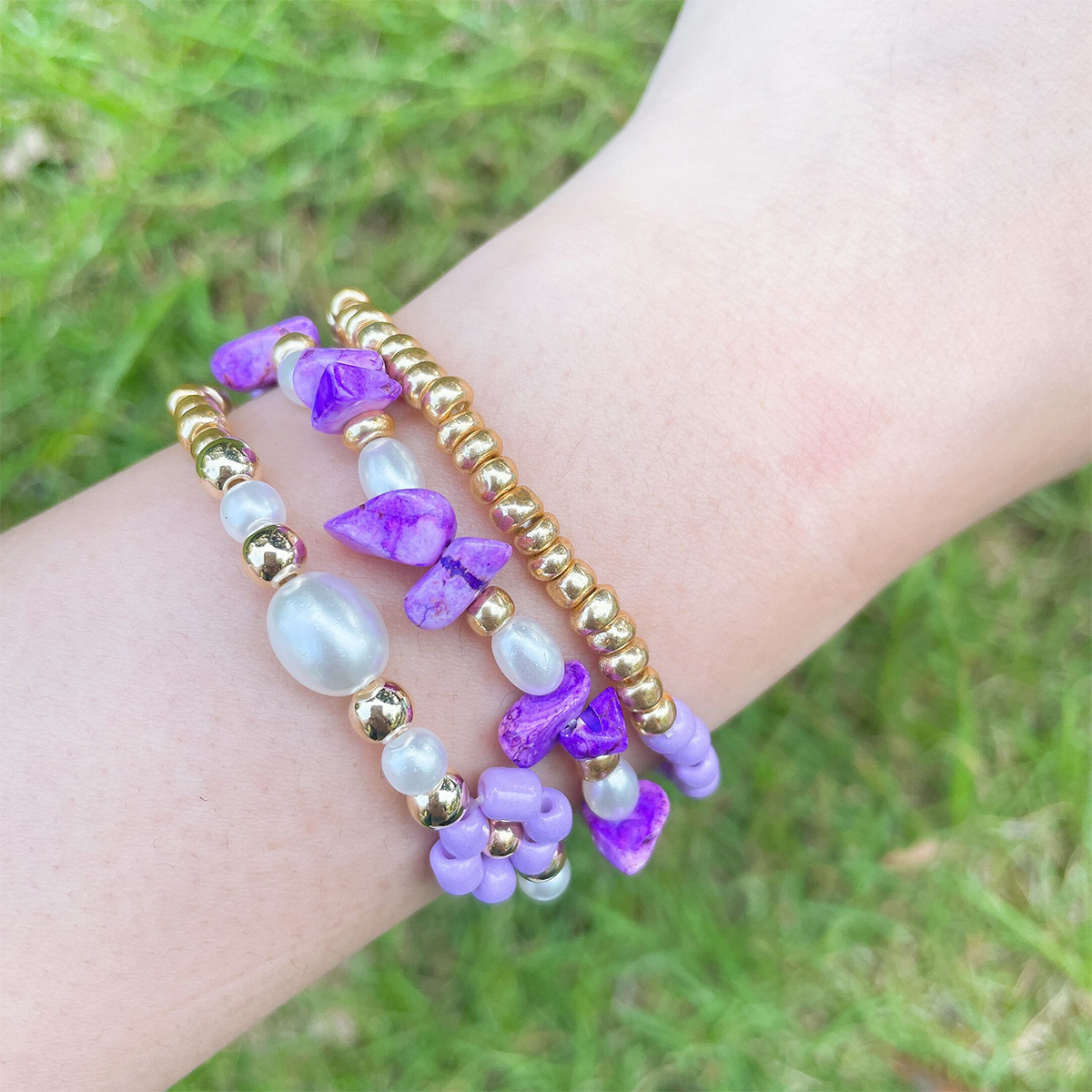 Twin Wind Flowers Beaded Plastic/Resin No Inlaid Bracelets Jewelry 3 Pieces