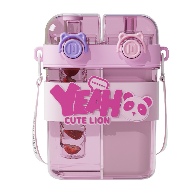 Taza para beber doble de gran capacidad dividida Taza para niños Taza para beber para estudiantes con pajita Taza para llevar al aire libre de alto valor de dibujos animados