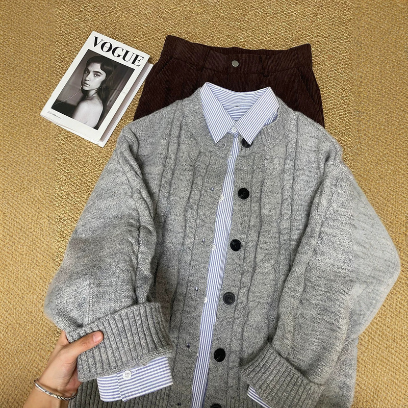American-style retro gray cable-knit cardigan, men's autumn/winter loose-fit casual round-neck sweater