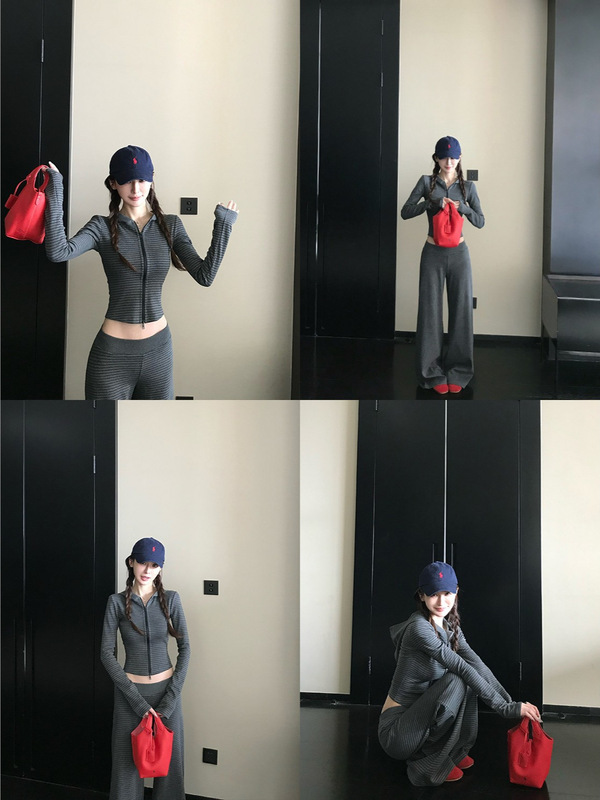 条纹立领修身外套女收腰卫衣开衫韩系短款上衣初秋运动小个子套装|undefined