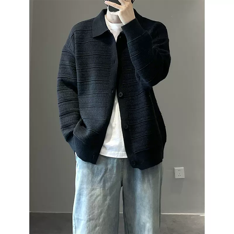 轻熟风韩系穿搭黑色翻领针织开衫外套男秋季穿搭高级感休闲毛线衣