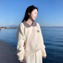 娃娃领假两件白色毛衣女秋冬季2026新款甜美内搭打底针织衫上衣潮