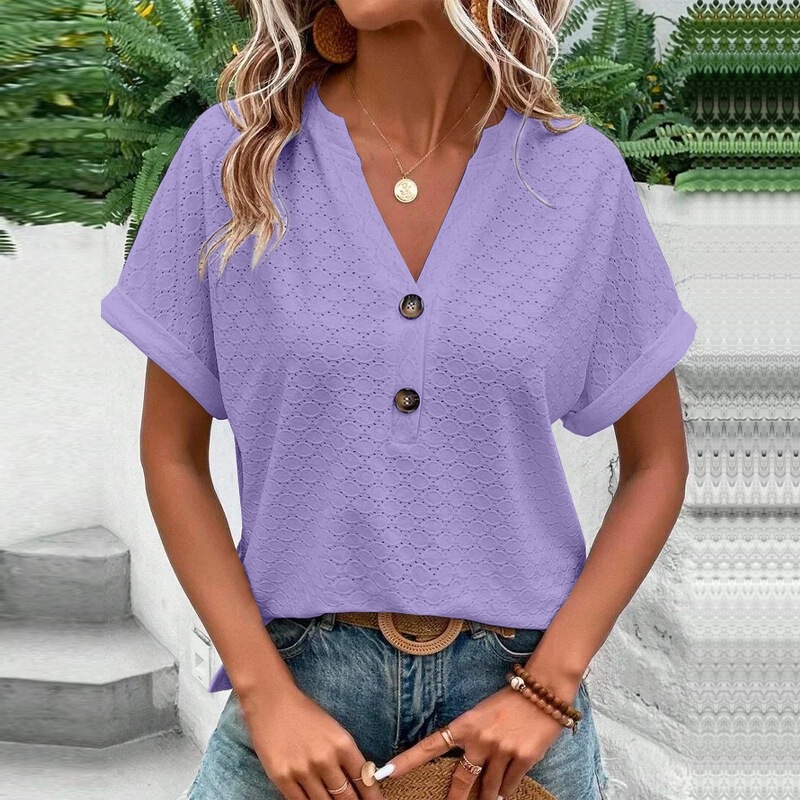 2025 春夏ヨーロッパとアメリカのクロスボーダー Amazon 独立したステーション新しい婦人服ファッションカジュアル無地ボタン V ネック T シャツ女性|undefined