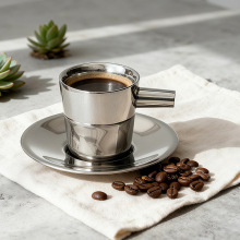 咖啡杯不锈钢套装带碟欧式花茶杯搅拌奶茶杯双层水杯马克杯保温杯