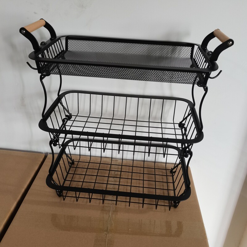 Two- or Three-Tier Wooden Fruit Basket with Handle and Banana Hook, Bathroom Storage Organizer, Single Layer, Can Be Used Independently, in Stock