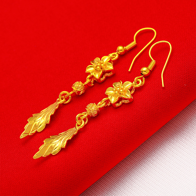 Vietnam sand gold earrings women brass gold plated leaf earrings earrings long tassel earrings jewelry_voghion.com