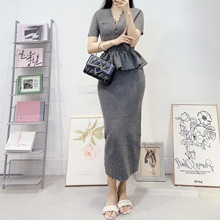 南油高端女装秋冬新款V领拼接连衣裙法式小众设计感针织一步裙女