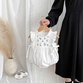 2026款夏季刺绣碎花侧腰蝴蝶结婴幼儿哈衣女宝宝无袖薄款爬服韩版