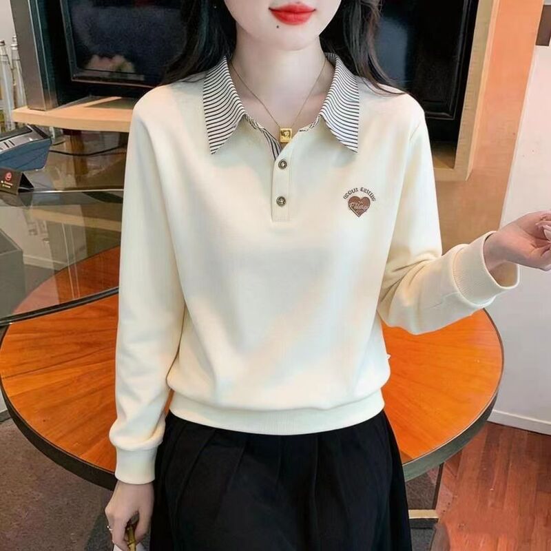 Threaded fleece 2026 autumn and winter stylish versatile age-reducing faux two-piece polo collar long-sleeve T-shirt warm base layer Threaded fleece 2026 autumn and winter stylish versatile age-reducing faux two-piece polo collar long-sleeve T-shirt warm base layer