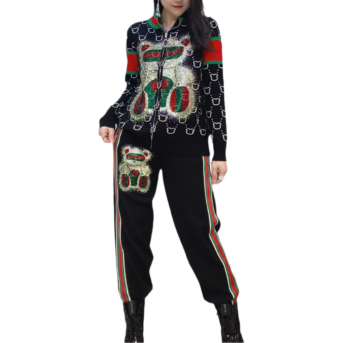 Conjunto Deportivo Casual con Cárdigan Set de 2 Piezas de Algodón con Pedrería para Otoño image 1