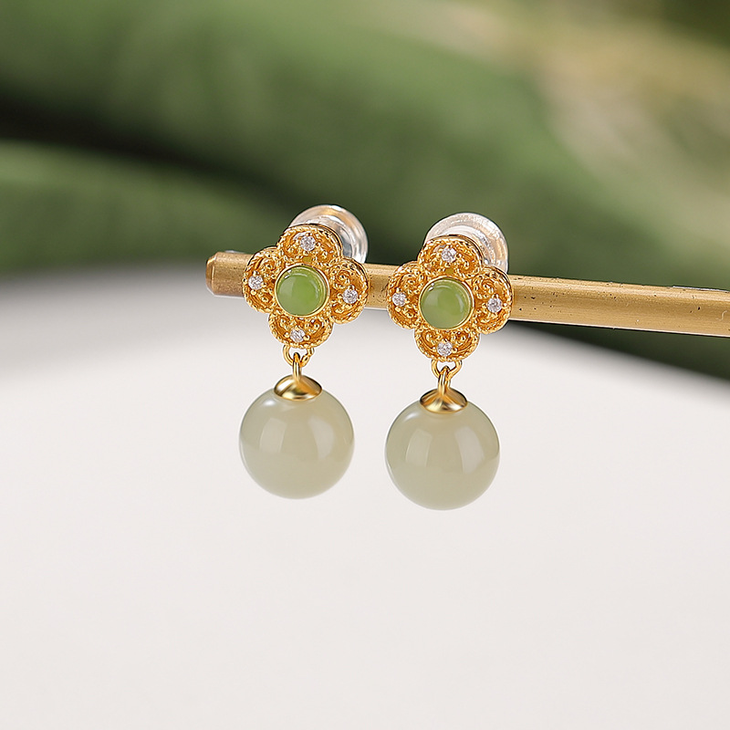 Bông tai bạc S925 mạ vàng đính ngọc bích phong cách Trung Hoa cổ điển — Thanh Thủy Ngọc