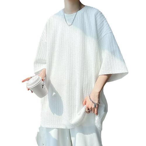 American-style striped t-shirt plain color short-sleeve T-shirt men's summer thin fashion five-sleeve t-shirt loose large size menswear