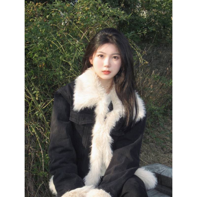(2개) 데님 바느질 솜털 탑 두꺼운 코튼 패딩 재킷 가을과 겨울 새로운 디자인 센스 프라이드 스트리트 램 벨벳 재킷 여성용 쇼트