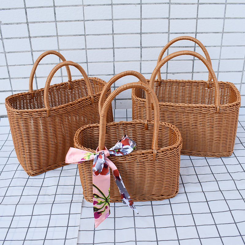 Cesta de picnic cuadrada de plástico tejido de imitación de caña PP canasta de compras canasta de recoger frutas canasta de frutas