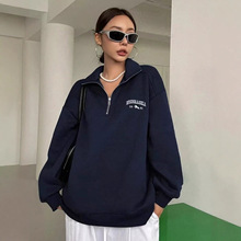 2024欧美跨境亚马逊独立站欧美女装 休闲半拉链刺绣宽松长袖卫衣