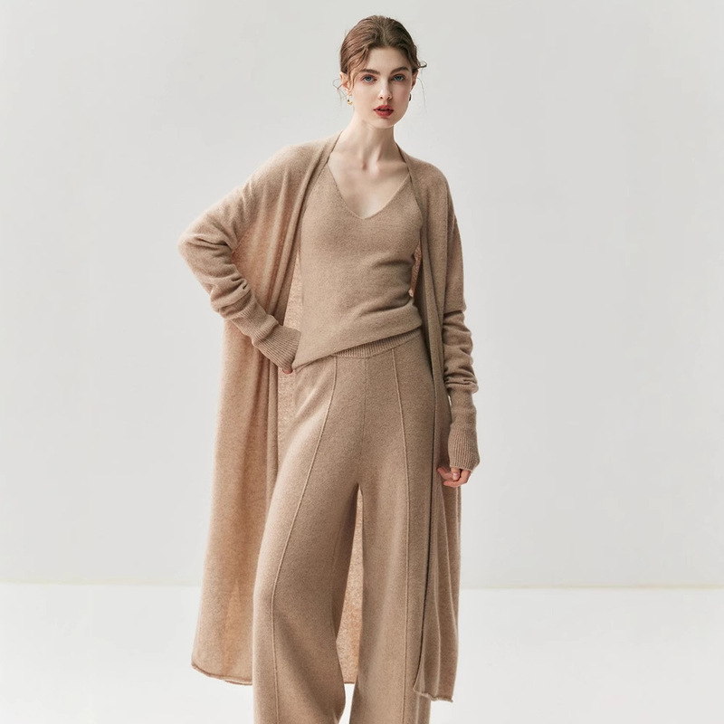 2025 New Cashmere Autumn and Winter New Rolled Edge Long Cardigan Women's Collarless Thin Outer Wear Elegant Work Clothing Soft and Waxy