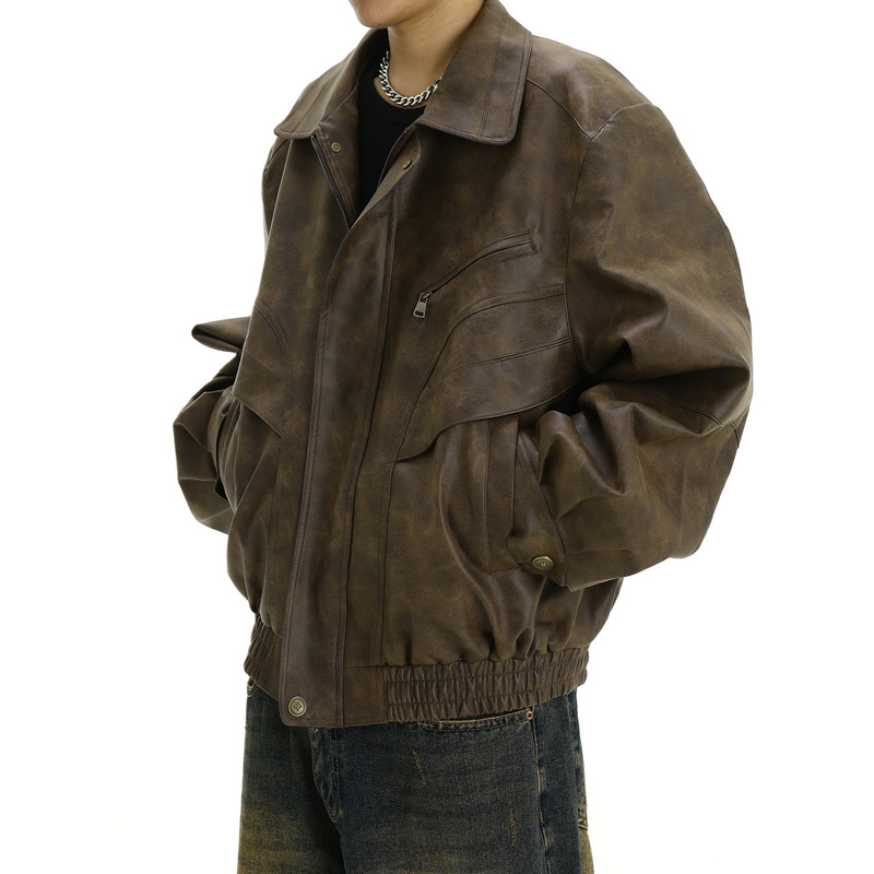 American Retro Brown Distressed Leather Jacket Men's Trendy Brand Handsome Design Niche Couple Casual Lapel Jacket