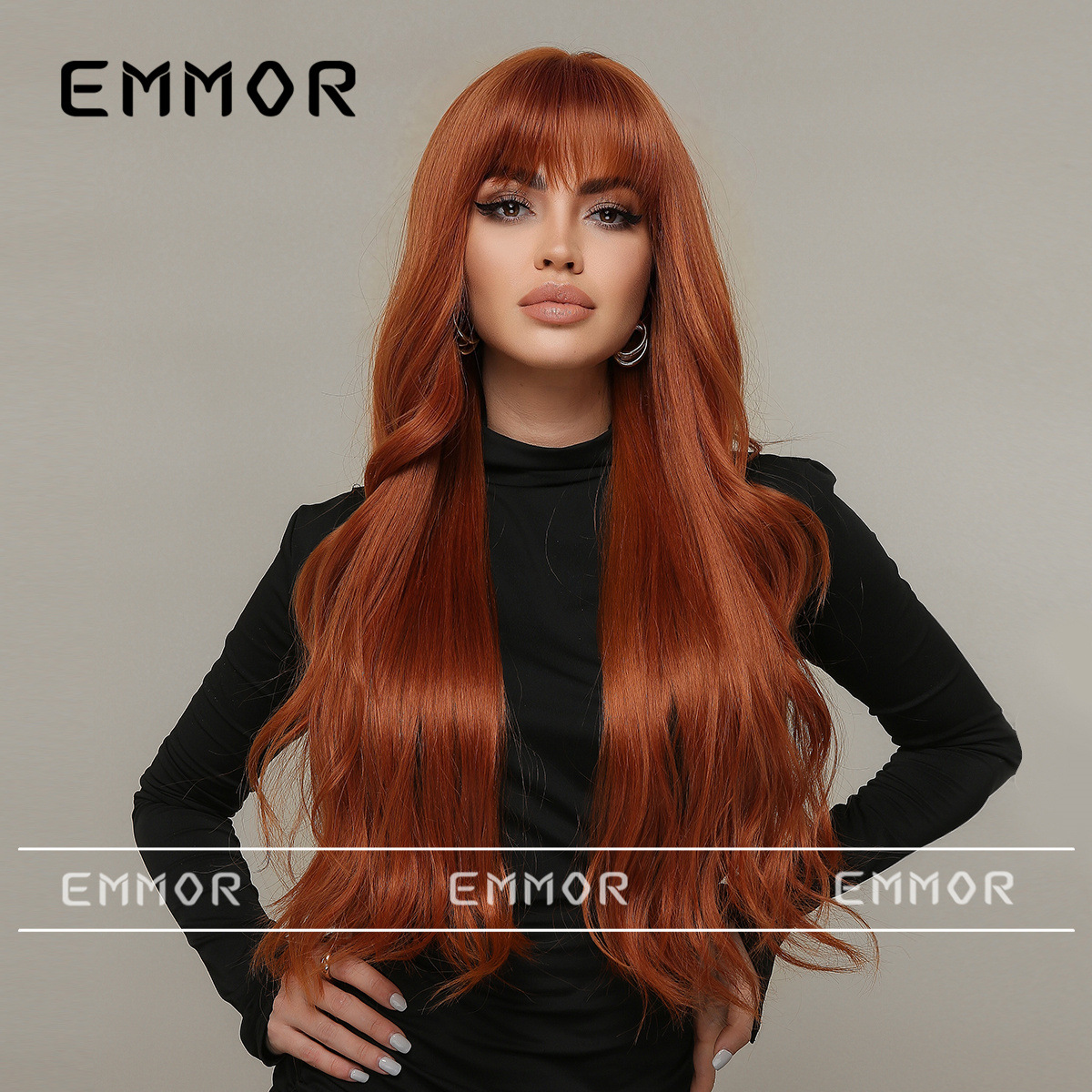 Emmor Amazon transfronterizo estilo europeo y americano nueva Peluca de mujer flequillo marrón largo pelo rizado Peluca de cabeza completa
