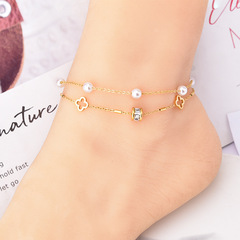 Fashionable celebrity accessories lucky beads double-layer ankle chain pearl hollow flower zirconium anklet titanium steel factory non-fading