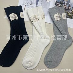 2024新品日系西太后土星字母布標女襪雙針純色粗針大線時尚潮襪子