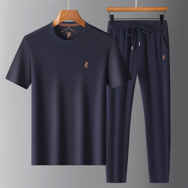Long-Staple Cotton Short-Sleeved T-Shirt and Shorts Set for Men, Summer Round-Neck Thin Polo Embroidered T-Shirt, Sports Casual Pants