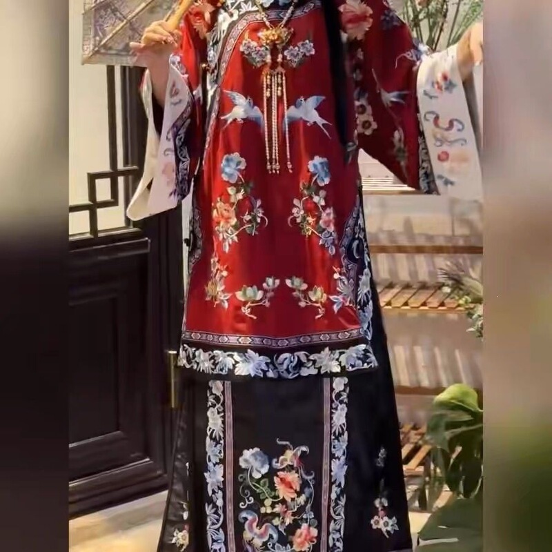 Hanfu Qing Dynasty Printed Ancient Costume New Style Clothing Qing Han Women's Elaborate Set Jinshang Qing Dynasty Matchmaker Dress with Horse-Faced Skirt