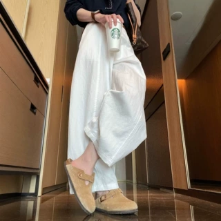 夏季薄款裤子女小个子垂坠感老钱风冰丝阔腿裤胖mm大码白色弯刀裤