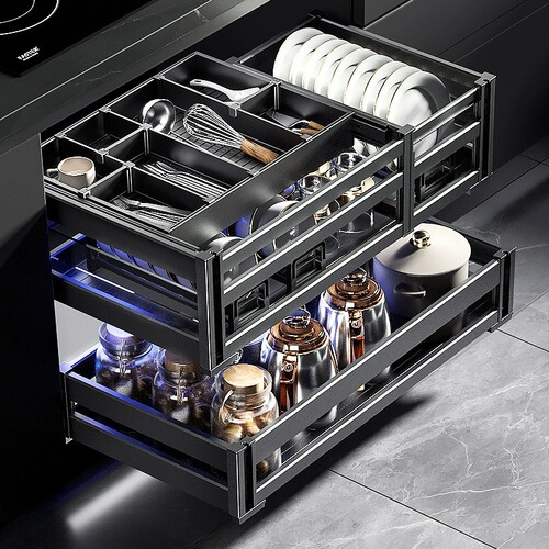 【Small Batch Wholesale】Kitchen Cabinet Pull-out Drawer Door Two-Layer Aluminum Alloy Bowl Plate Middle Draw Deepening