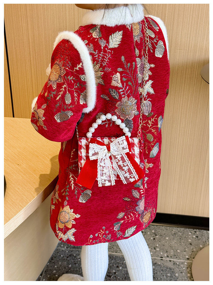 Women's Cotton And Linen Plaid Cherry Bow Knot Cute Beading Pearls Shell Flip Cover Crossbody Bag display picture 29