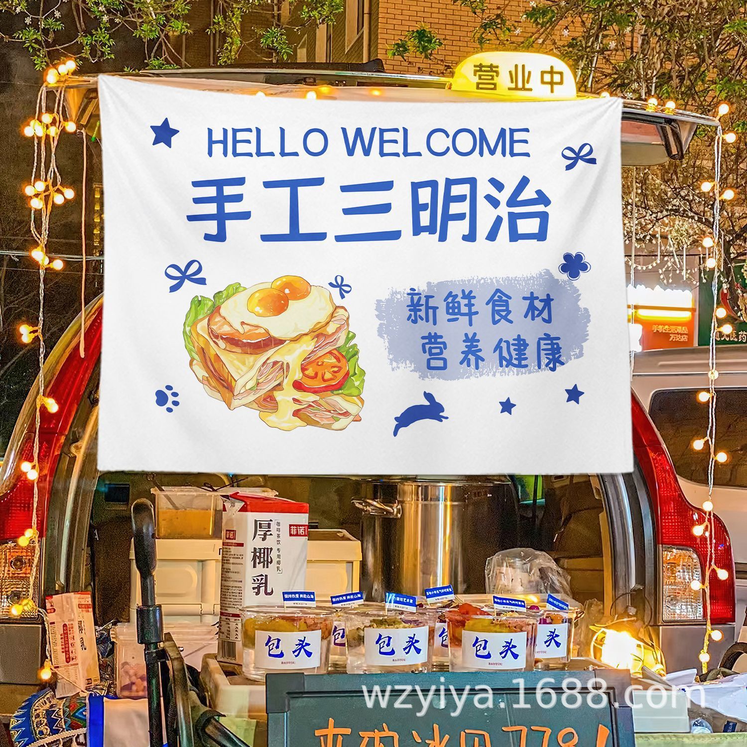 Sándwich puestos de tela gourmet mercado nocturno puestos de tela colgante