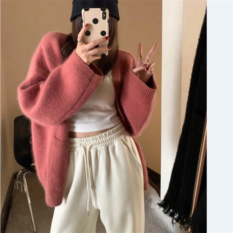 跨境慵懒风外套女2025秋季新款v领纯色针织开衫女宽松大码毛衣女|undefined