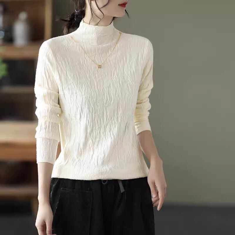 2024 Autumn and Winter New Solid Color Knitted Sweater Artistic Retro Threaded Long Sleeve Half Turtleneck Sweater Base Shirt Top for Women