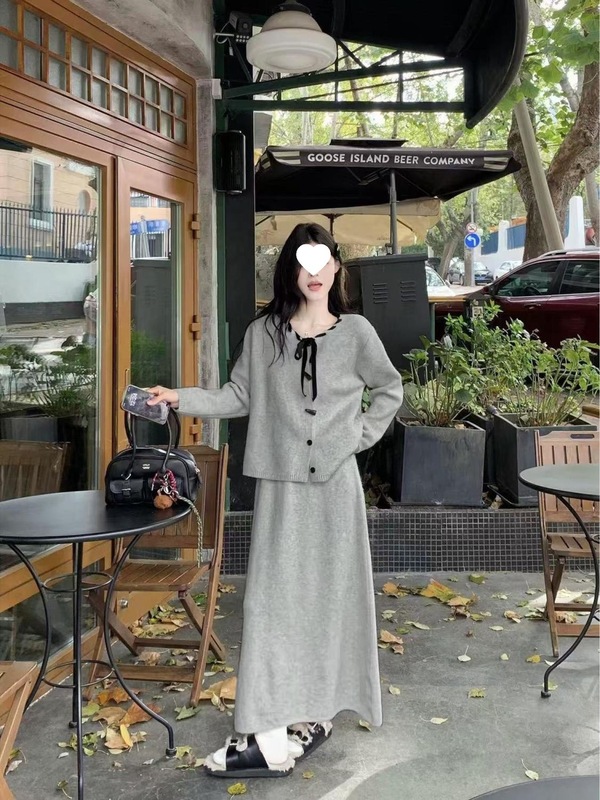 韩版圆领系带针织开衫时尚套装女秋冬新款宽松慵懒风半身裙两件套|undefined