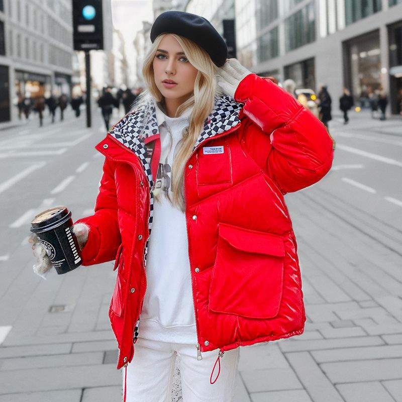 Women's Puffer Jacket Hooded Checkerboard Pattern Winter Coat_voghion.com
