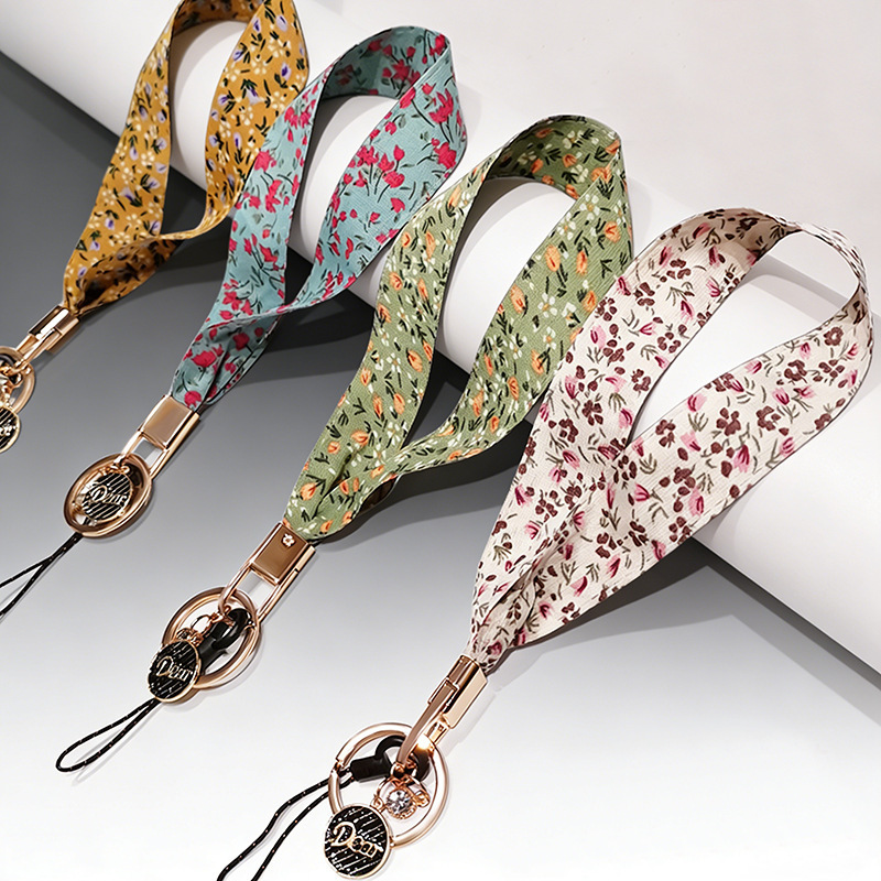 Floral Mobile Phone Silk Scarf Lanyard Short Rope Korean Ins Style Women's Short Wrist Strap Sling Key U Disk Anti-Lost Rope