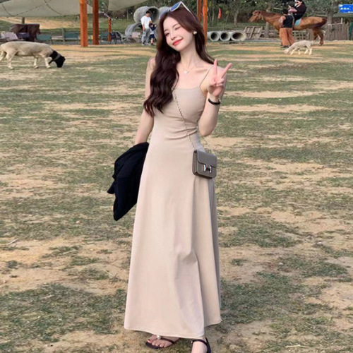 Ins sexy pure desire tea party French strap dress summer slimming vacation beach strap long dress for women trendy