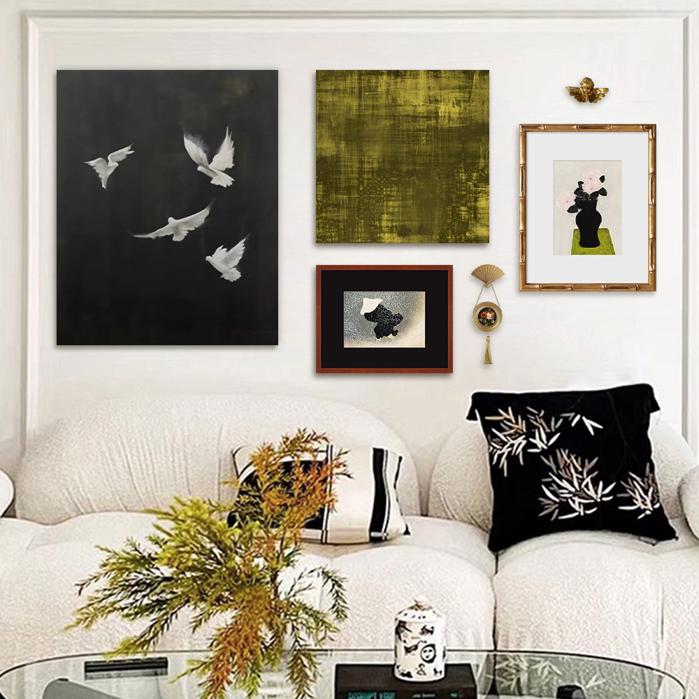 Modern Minimalist Living Room Art Decorative Painting Advanced Sense Gallery Wall Niche Japanese Style Painting Combination Midnight White Pigeon