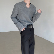 代理加盟 淘宝外贸批发小众设计感U领打底衫男生韩系宽松长袖T恤