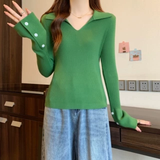 绿色polo领内搭棉羊绒针织衫女秋冬洋气别致修身打底毛衣高级感上