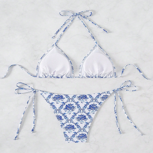Women's Swimsuit 2025 European and American Style Floral Print Halter Neck Tie-up Hot Spring Swimwear Sexy Beach Bikini