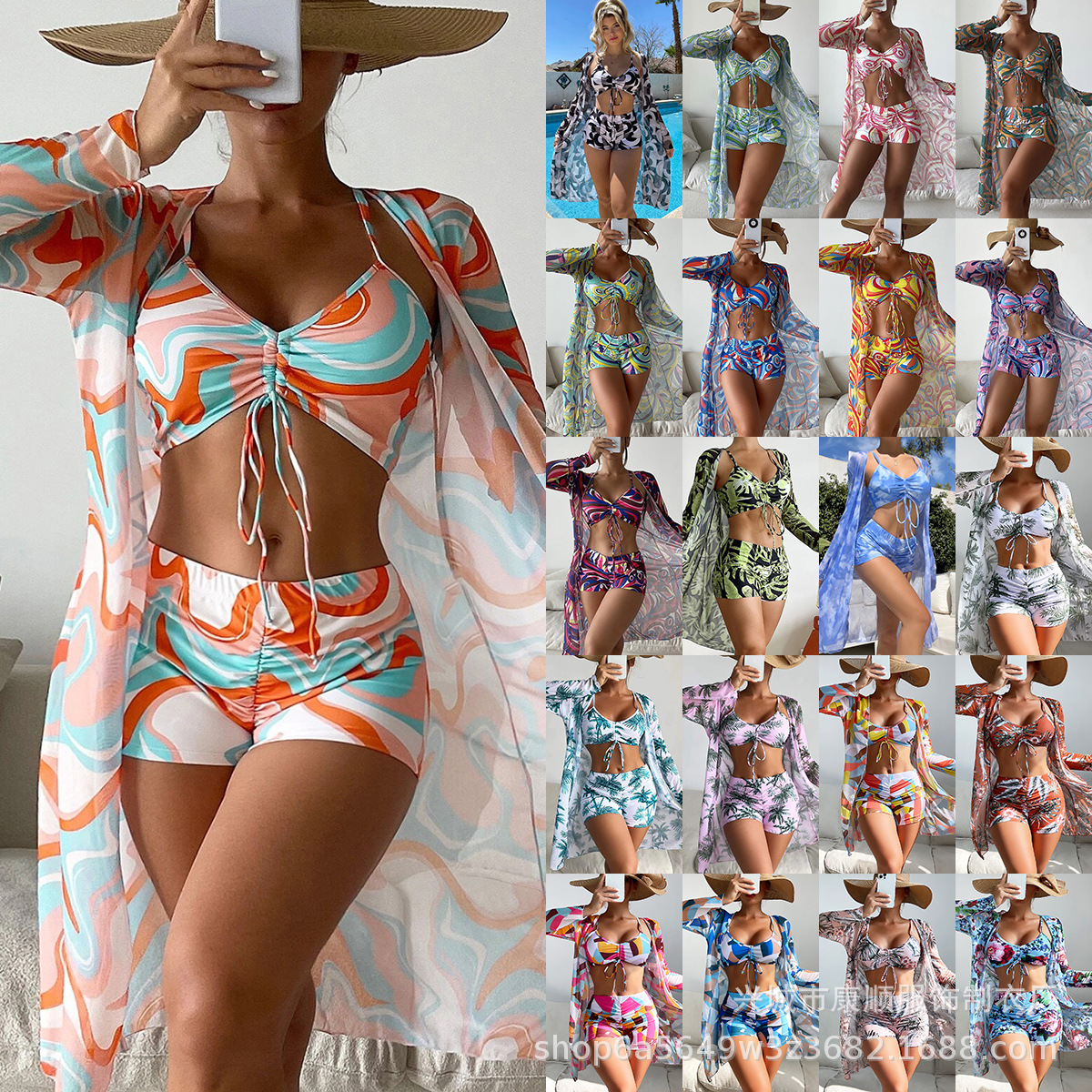 2023 European and American Foreign Trade Swimsuit Women's Split Three-Piece Set High Waist Long-Sleeved ins Blouse Cross-Border Bikini Swimsuit