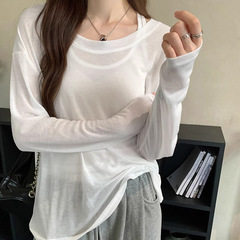 圆领薄款百搭长袖T恤慵懒松弛感舒适女款上衣两件套夏季防晒上衣