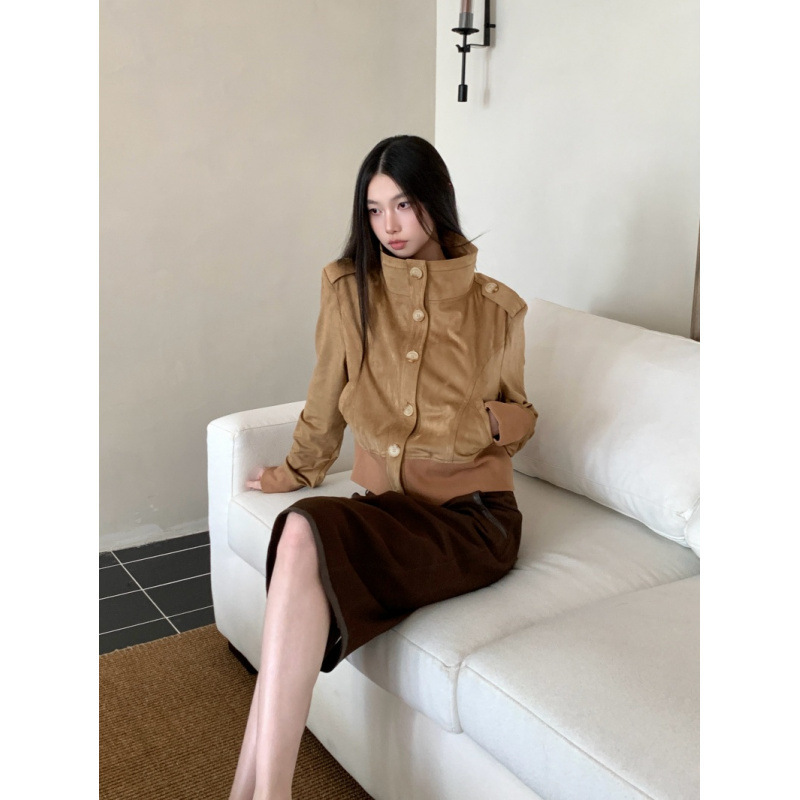 韩系美式古早经典”双色意大利麂皮质感显瘦短款夹克初秋外套上衣|undefined
