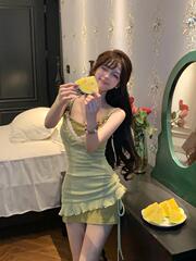 纯欲少女抽绳两件套修身显瘦连衣裙设计感不规则抽绳连衣裙两件套