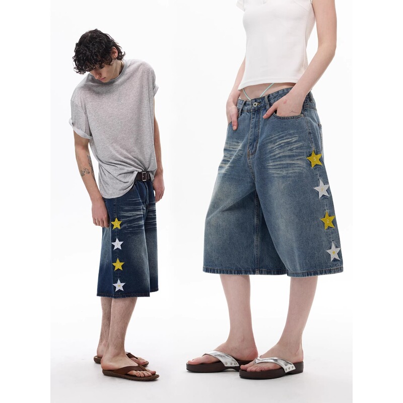 Cross-border American retro star-print fashionable denim capri pants, 2026 summer thin and loose-fitting mid-length pants Cross-border American retro star-print fashionable denim capri pants, 2026 summer thin and loose-fitting mid-length pants