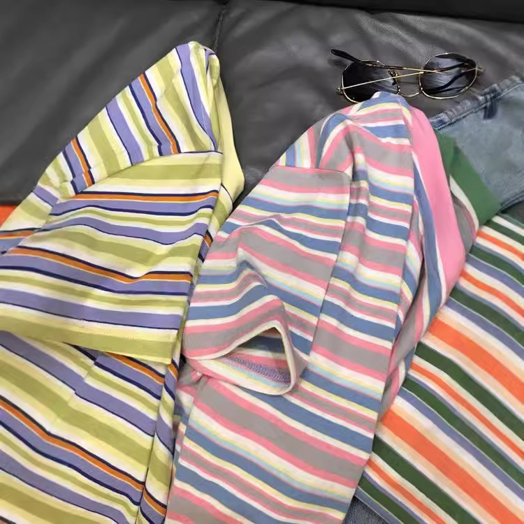 Hyuna Style!!! Hong Kong Vintage Vibe! Rainbow Color-Blocked Striped T-Shirt, Loose Short-Sleeved Top for Women, Trendy Brand